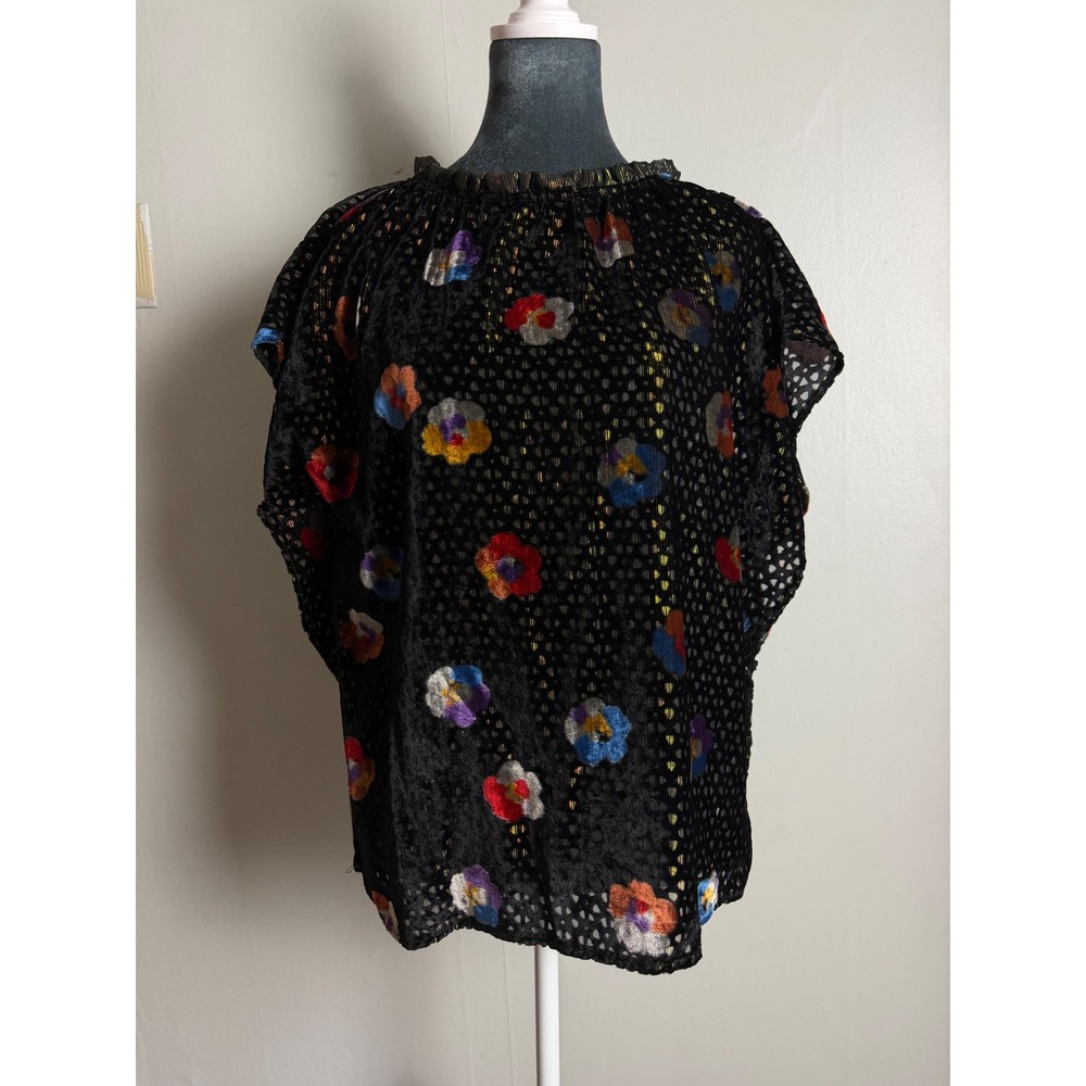 Eva Franco‎ Floral Burnout Lurex Metallic Blouse Black Gold Whimsigoth steampunk